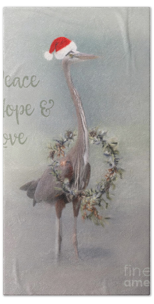 Holiday Heron Beach Towel featuring the digital art Heron Peace Hope Love by Jayne Carney