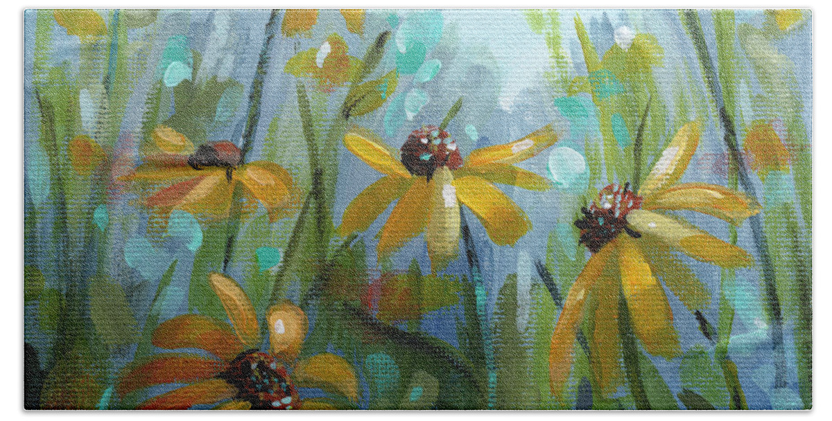 Flower Beach Towel featuring the painting Hey Susans - Black Eyed Susan painting by Annie Troe