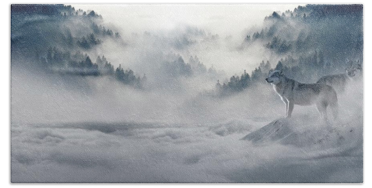 Wolf Beach Towel featuring the photograph Hidden in the fog by James Inlow