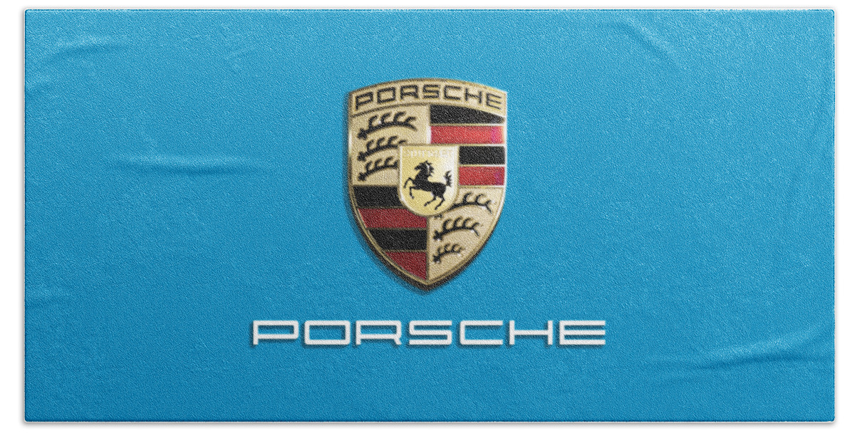 Porsche Logo Beach Towel featuring the digital art High Res Quality Porsche Logo - Hood Emblem Isolated on Colorful Background by Stefano Senise