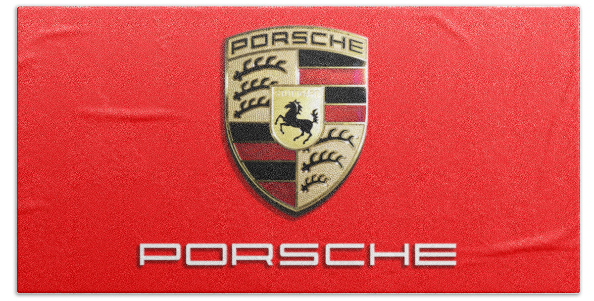 Porsche-logo Beach Towel featuring the photograph High Res Quality Porsche Logo - Hood Emblem Isolated on Colorful Red Background by Stefano Senise