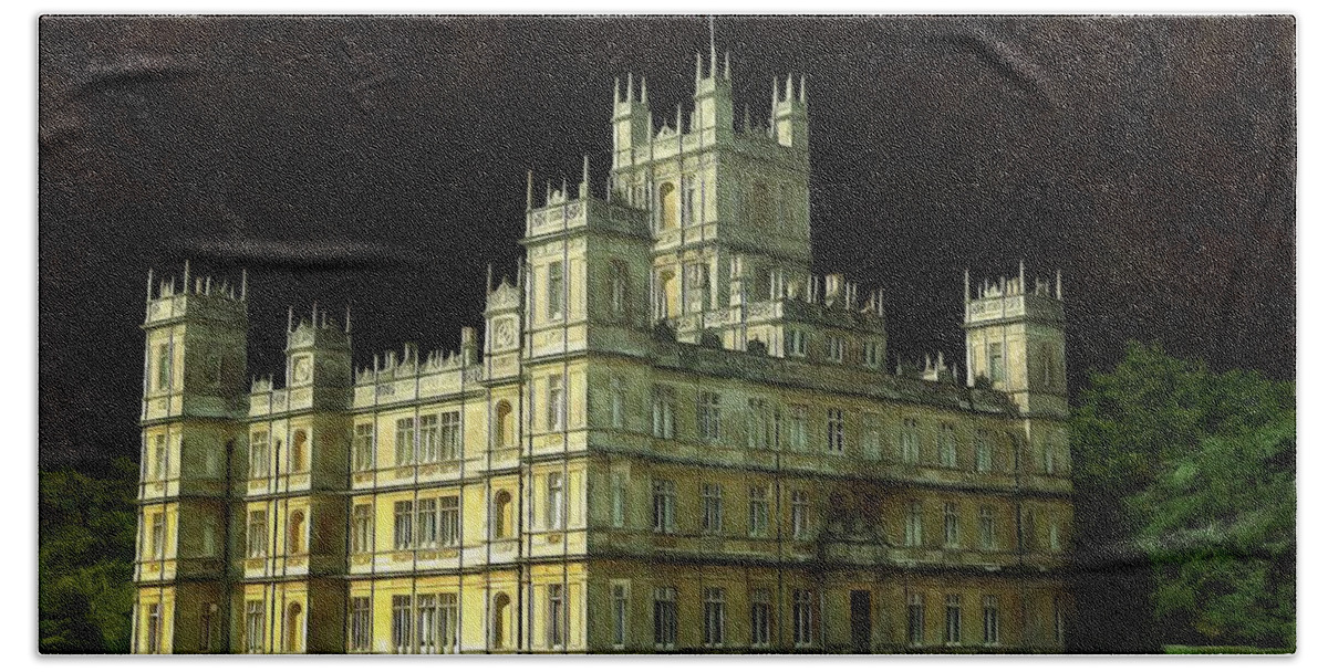 Highclere Castle Beach Towel featuring the digital art Highclere Castle Digital Art Painting Print by Caterina Christakos