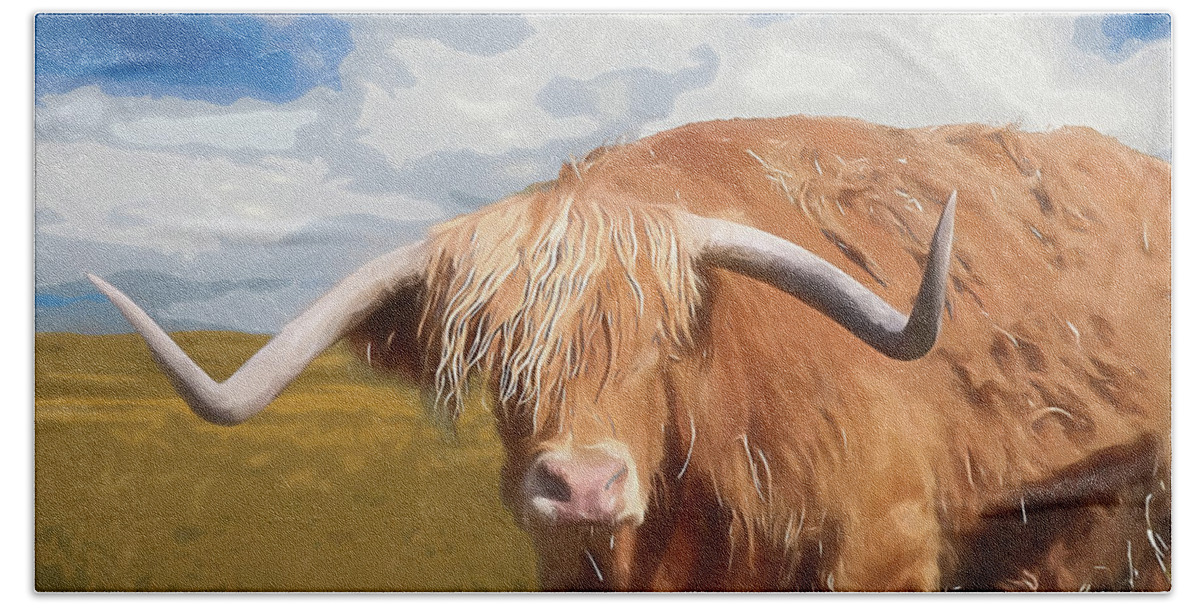 Highland Cattle Open Field Beach Towel featuring the digital art Highland Cattle Open Field by Dan Sproul