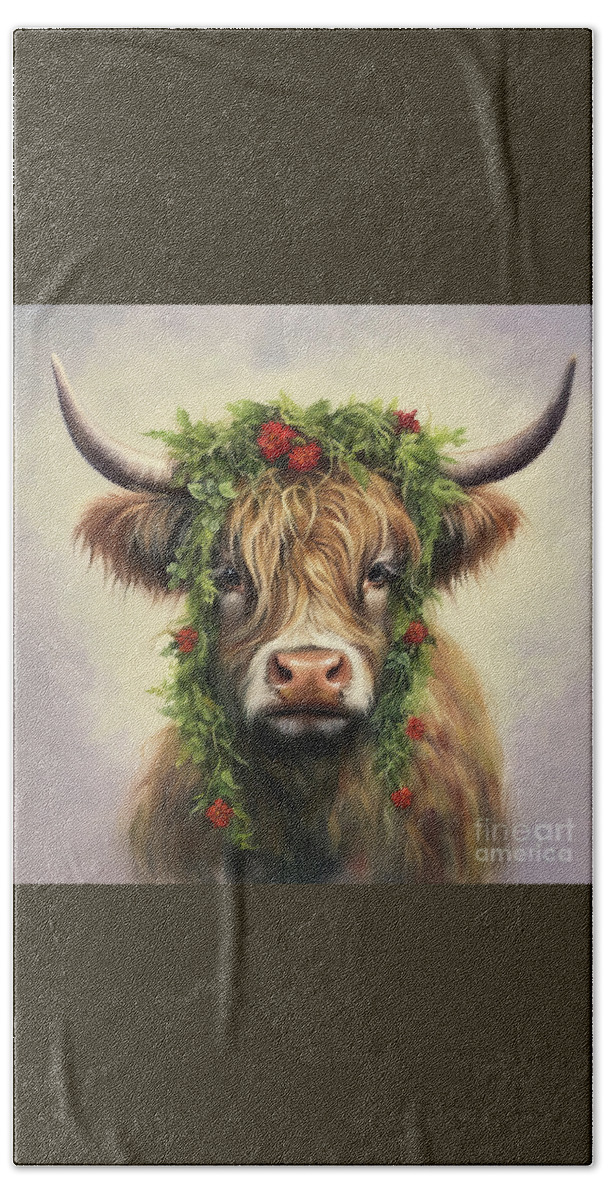 Christmas Beach Sheet featuring the painting Highland Christmas Cow by Tina LeCour