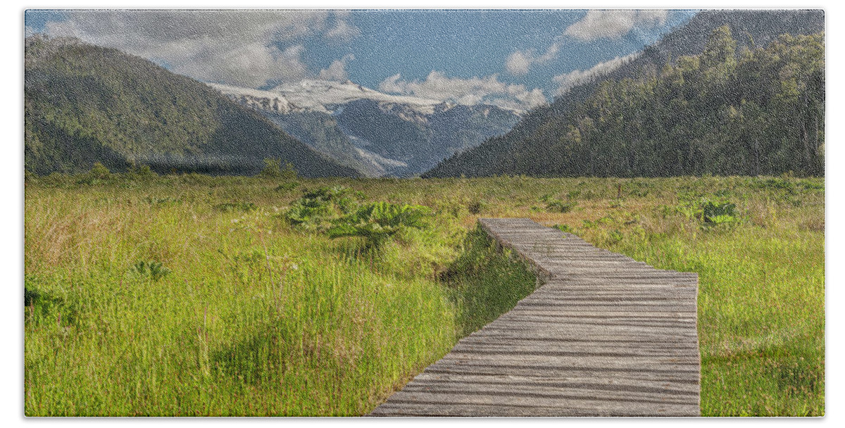 Chile Beach Towel featuring the photograph Hiking path to the Michinmahuida glacier by Henri Leduc