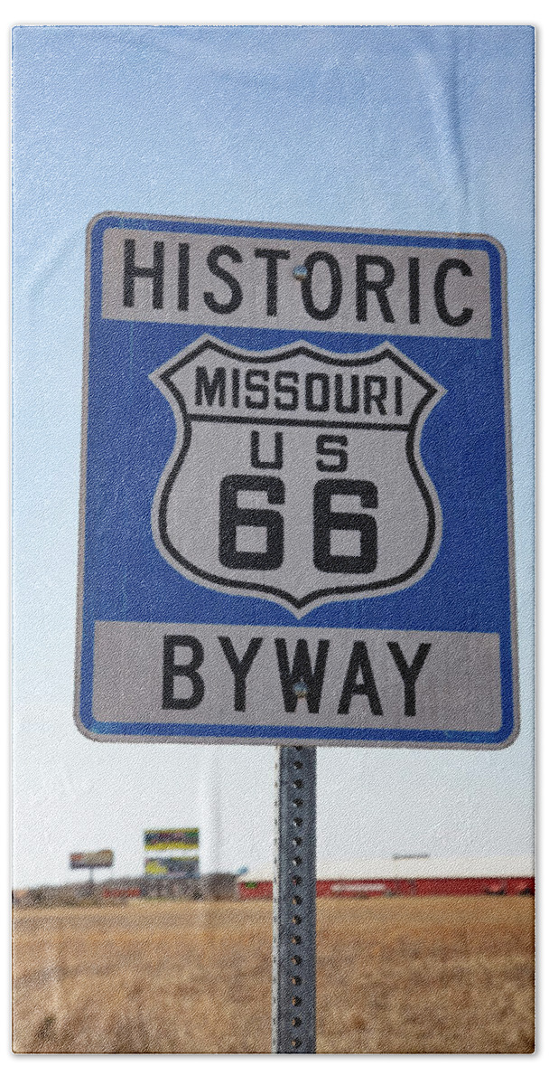 Historic Route 66 Missouri Sign Beach Towel featuring the photograph Historic Route 66 Missouri Byway road sign by Eldon McGraw