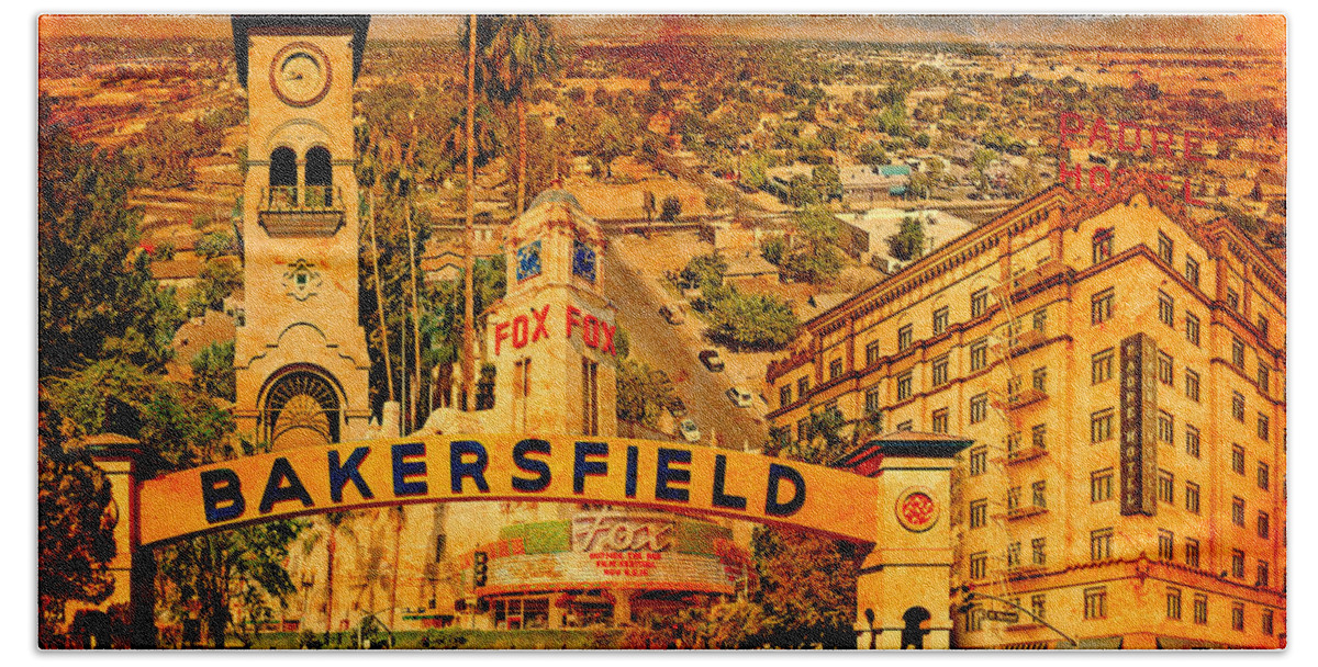 Bakersfield Beach Towel featuring the digital art Historical buildings of Bakersfield, California, blended on old paper by Nicko Prints