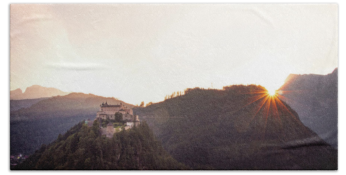 Reconstruction Beach Towel featuring the photograph Hohenwerfen Castle at sunset by Vaclav Sonnek