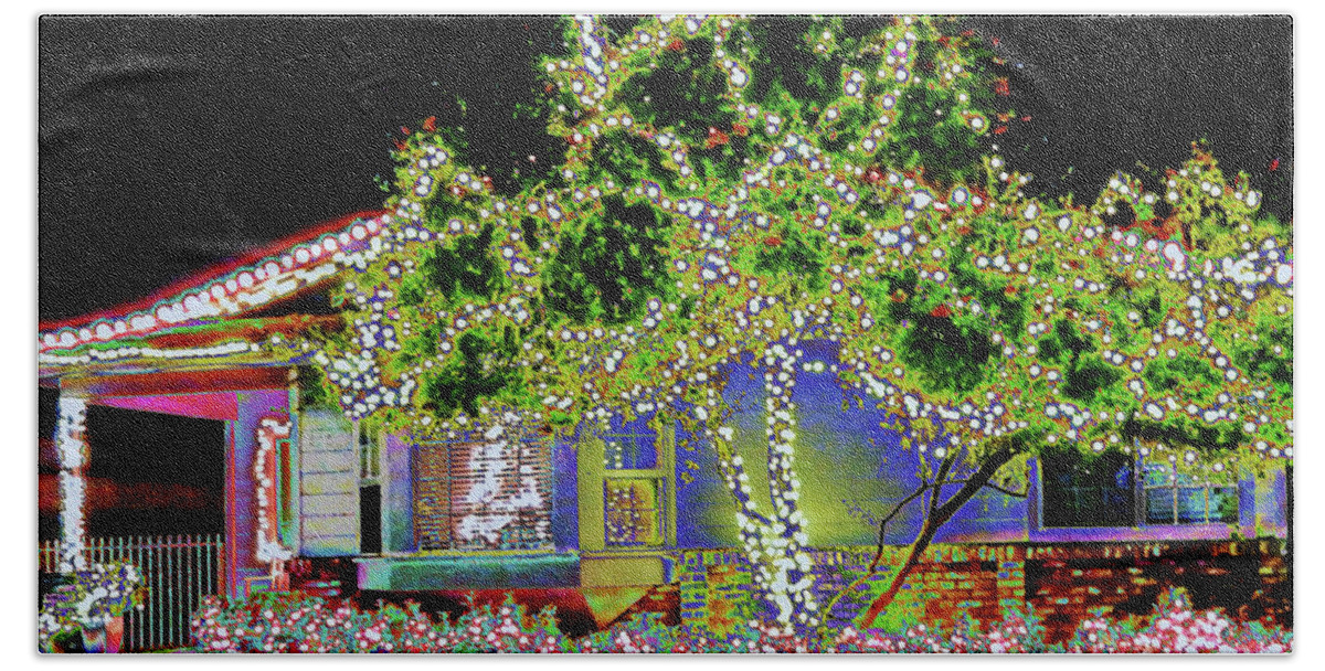 Night Photograph Of A House Lit Up With Holiday Lights Beach Towel featuring the photograph Holiday House by Andrew Lawrence