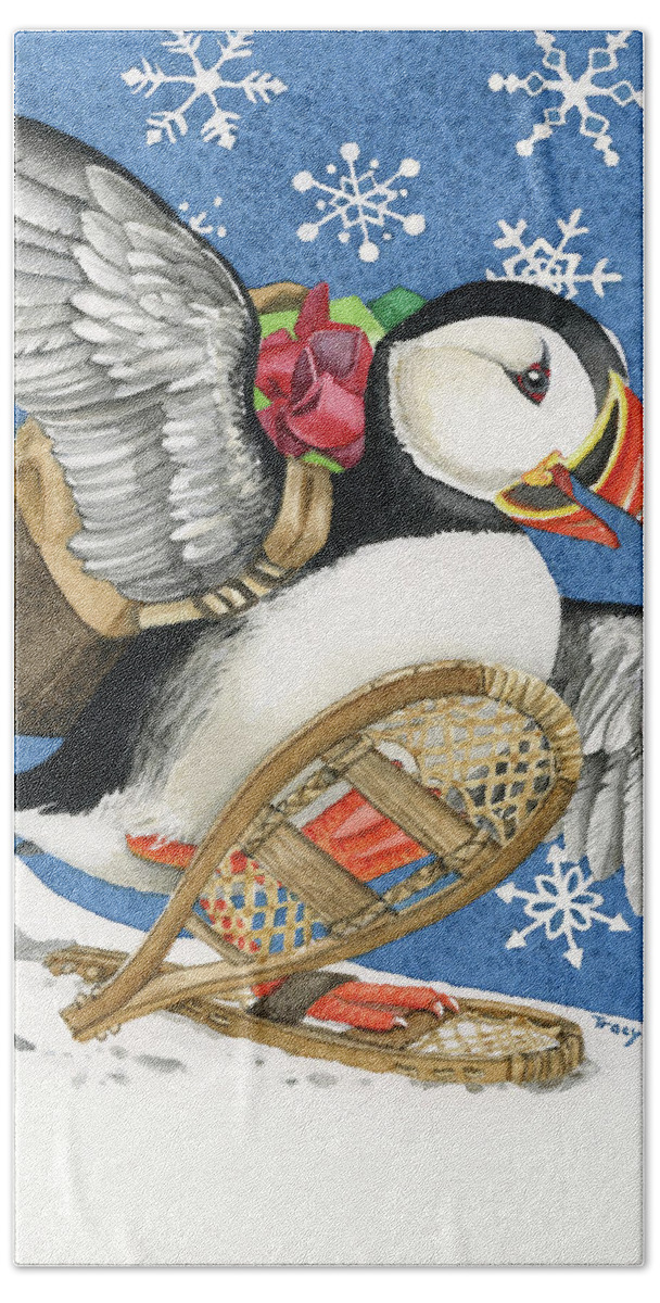 Watercolor Beach Towel featuring the painting Holiday Puffin by Tracy Lizotte
