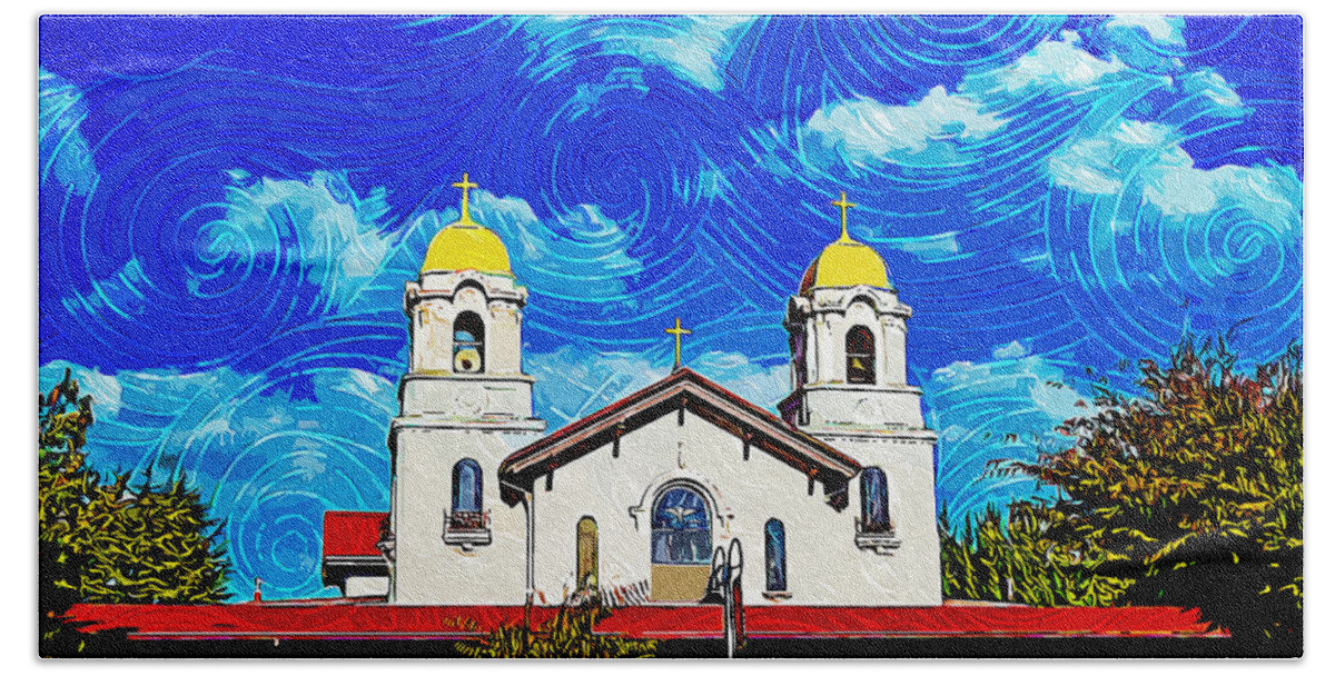 Holy Spirit Church Beach Towel featuring the digital art Holy Spirit Church in Fremont, California - impressionist painting by Nicko Prints