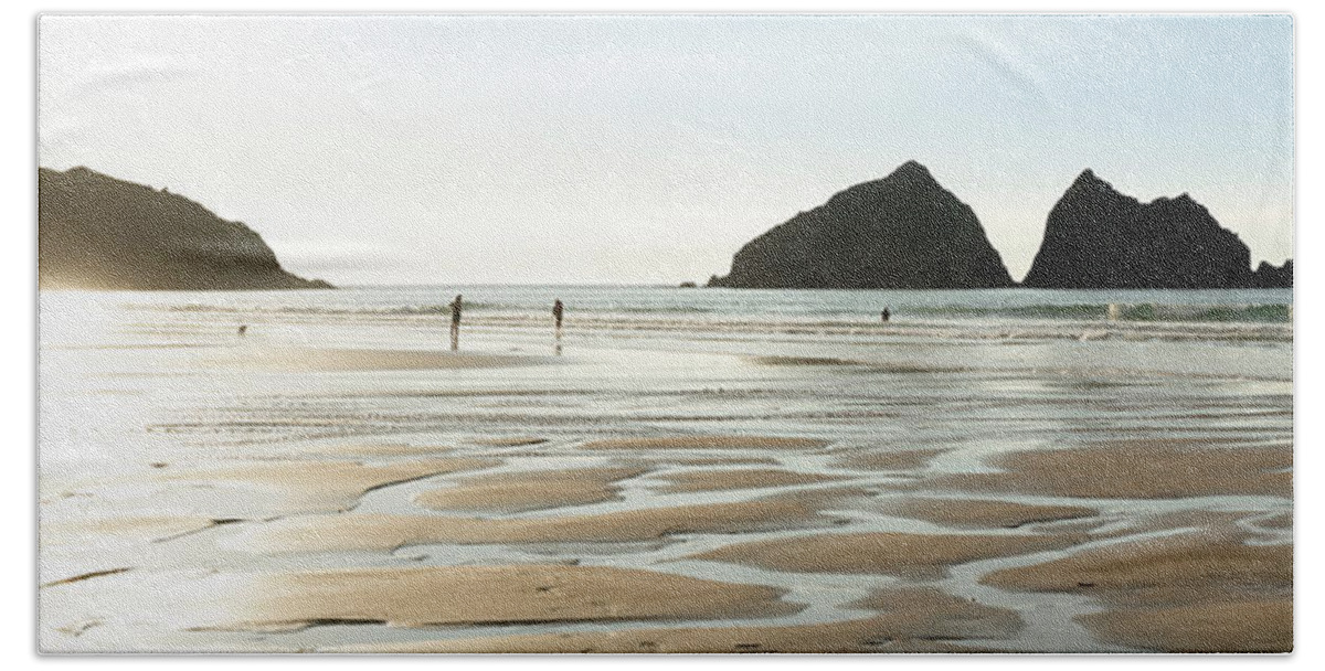 Cornwall Beach Towel featuring the photograph Holywell Beach and Gull Rock Cornwall 2 by Sonny Ryse