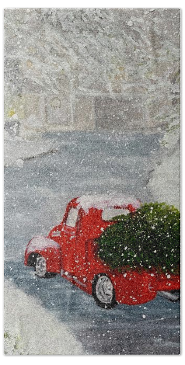 Red Truck Beach Towel featuring the painting Home For Christmas by Juliette Becker