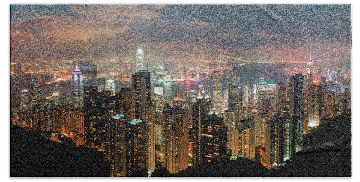 Hong Kong Beach Towel featuring the photograph Hong Kong at Night by Dave Bowman