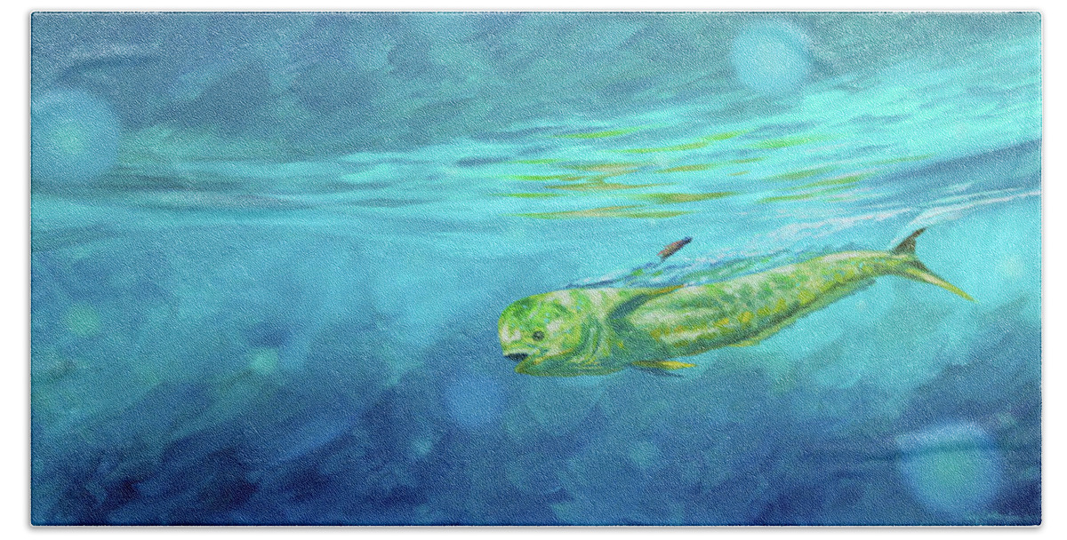 Mahi Mahi Art Beach Towel featuring the painting Hooked Up by Guy Crittenden