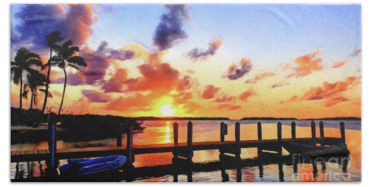 Islamorada Golden Glow Sunset Dock Boat Water Peace Serenity Happiness Blue Sky Palm Trees Reflections Eileen Kelly Artistic Aftermath Live Love Light Horizon Hope Grateful Beach Towel featuring the digital art Hope on the Horizon by Eileen Kelly