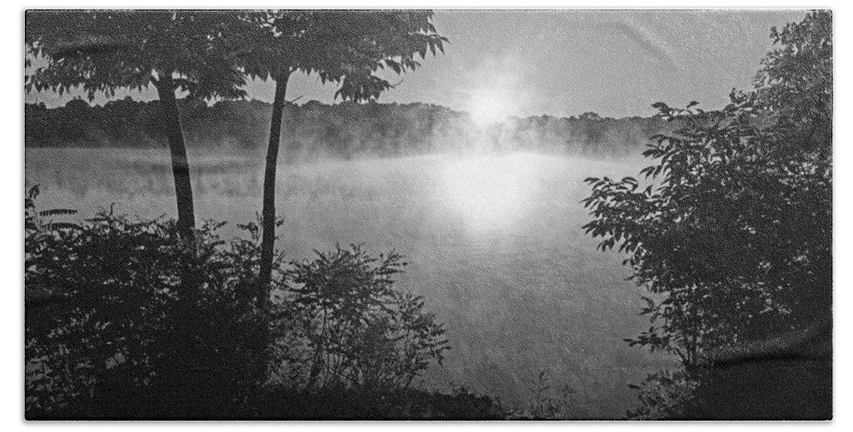 Woburn Beach Towel featuring the photograph Horn Pond Sunrise in Woburn Massachusetts Mist Black and White by Toby McGuire
