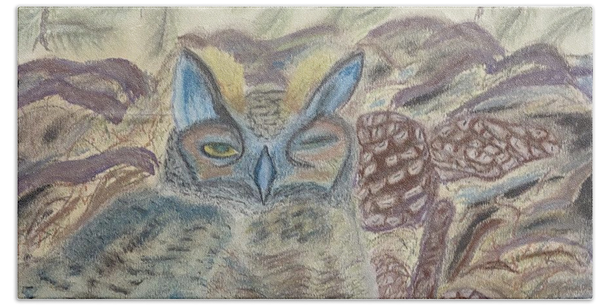 Horned Owl Beach Towel featuring the pastel Horned Owl Nesting by Suzanne Berthier