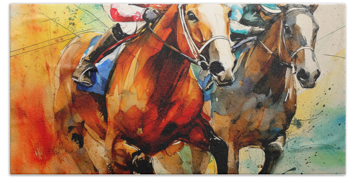 Horse Racing Beach Sheet featuring the digital art Horse Racing II by Lourry Legarde