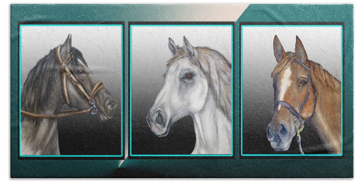 Triptych Beach Towel featuring the mixed media Horses in Three by Kelly Mills