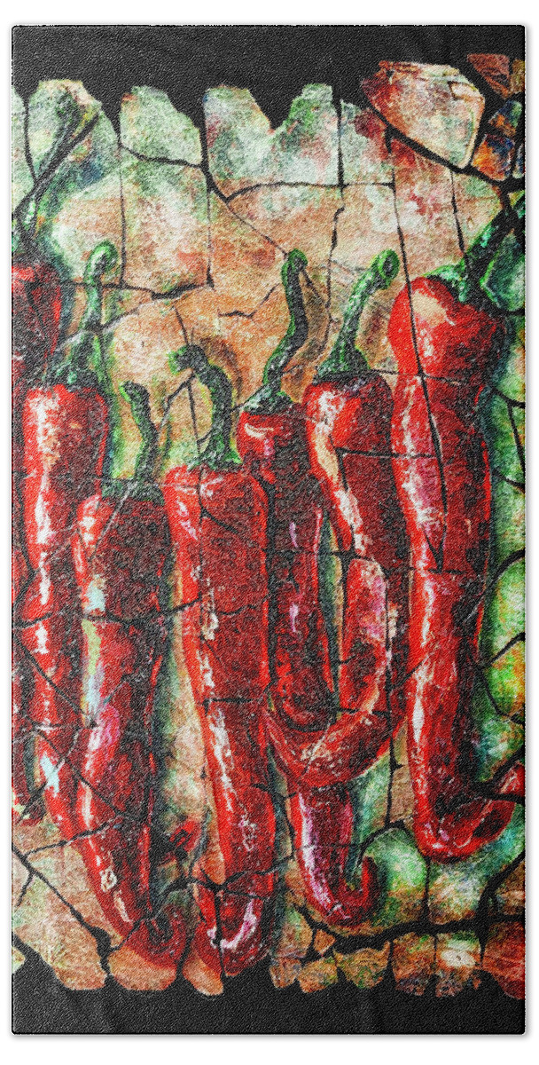  Fresco Beach Towel featuring the painting Hot Peppers fresco with Crackled Background by Lena Owens - OLena Art Vibrant Palette Knife and Graphic Design