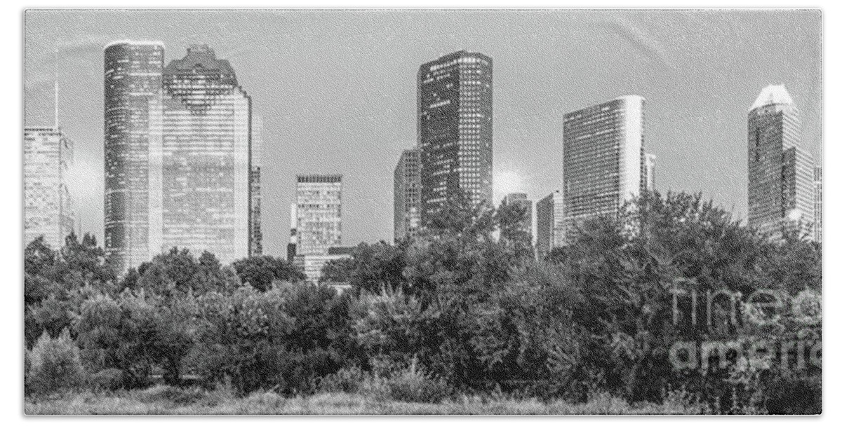 America Beach Towel featuring the photograph Houston Skyline at Night Black and White Panorama Photo by Paul Velgos