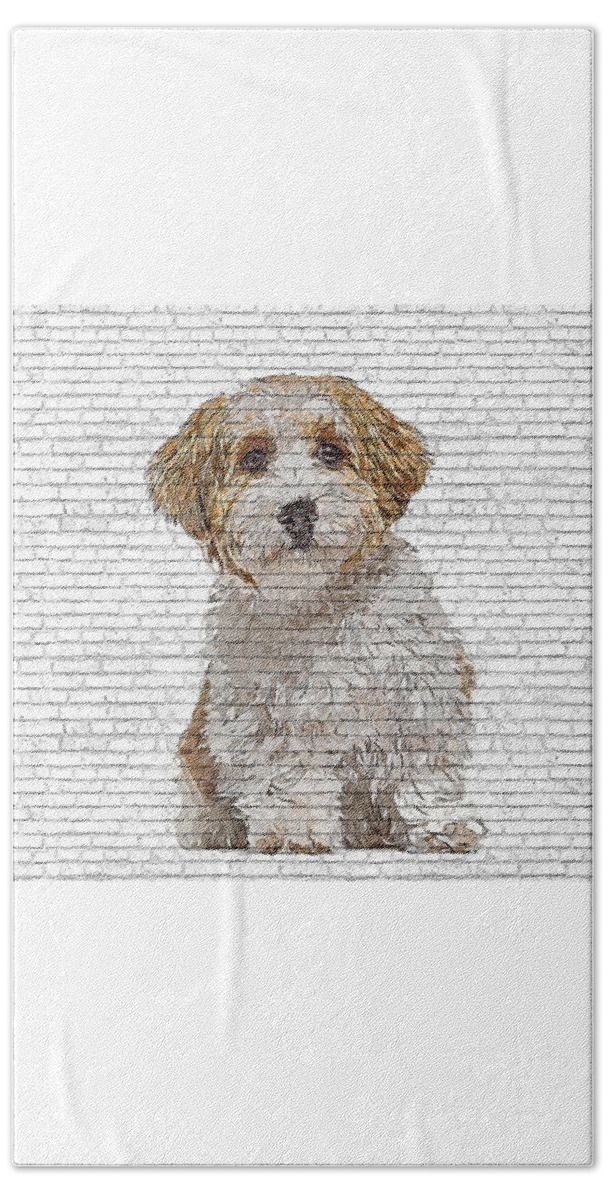 Angel Beach Towel featuring the painting How Cute, Havanese Puppy Dog - Brick Block Background by Custom Pet Portrait Art Studio