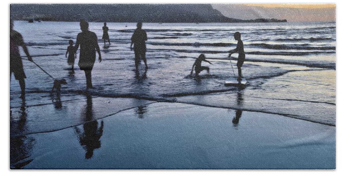Water Play Beach Towel featuring the photograph How We Play Hanalei Bay by Heidi Fickinger