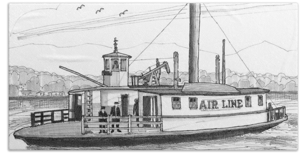 Airline Ferry Boat Beach Towel featuring the drawing Hudson River Steam Ferry Boat Airline by Richard Wambach