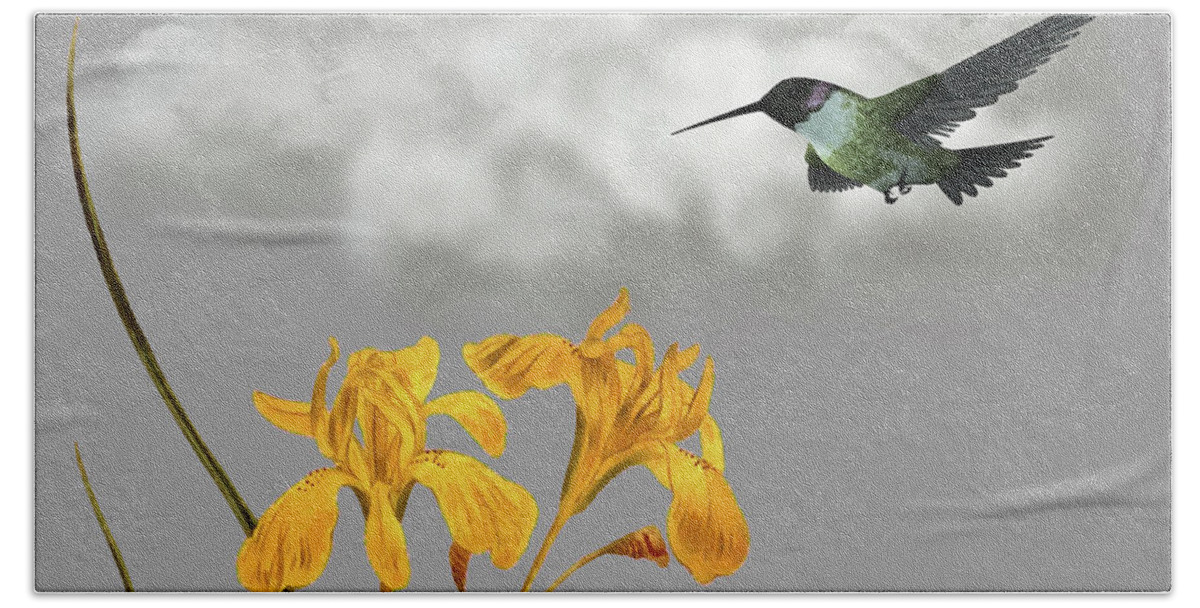 Hummingbird Beach Towel featuring the digital art Hummingbird In The Garden Pane 5 by David Dehner