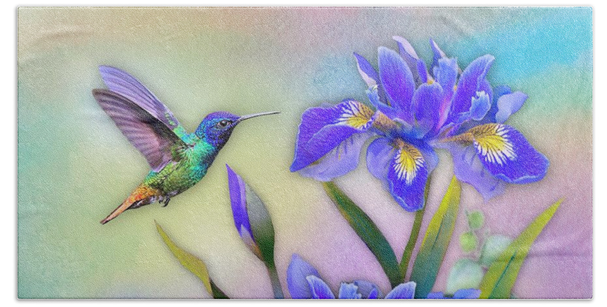 Hummingbird Beach Towel featuring the digital art Hummingbird on Blue Iris by Morag Bates
