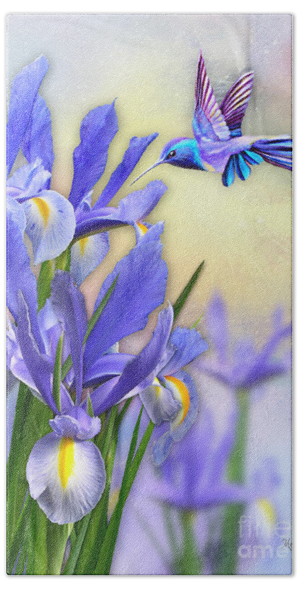Hummingbird Beach Towel featuring the digital art Hummingbird on Iris by Morag Bates