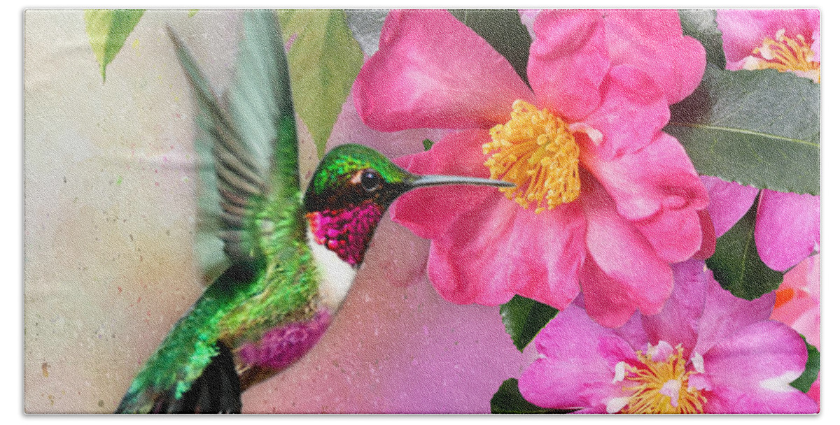 Hummingbird On Flower Beach Towel featuring the mixed media Hummingbird on Pink Hibiscus by Morag Bates