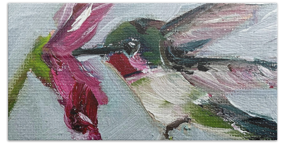 Hummingbird Painting Beach Towel featuring the painting Hummingbird with Pink Flower by Roxy Rich