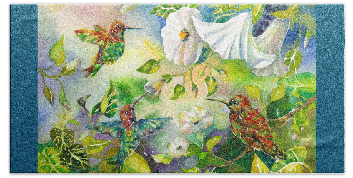 Hummingbirds Beach Sheet featuring the painting Hummingbirds and Morning Glories by Ann Nicholson
