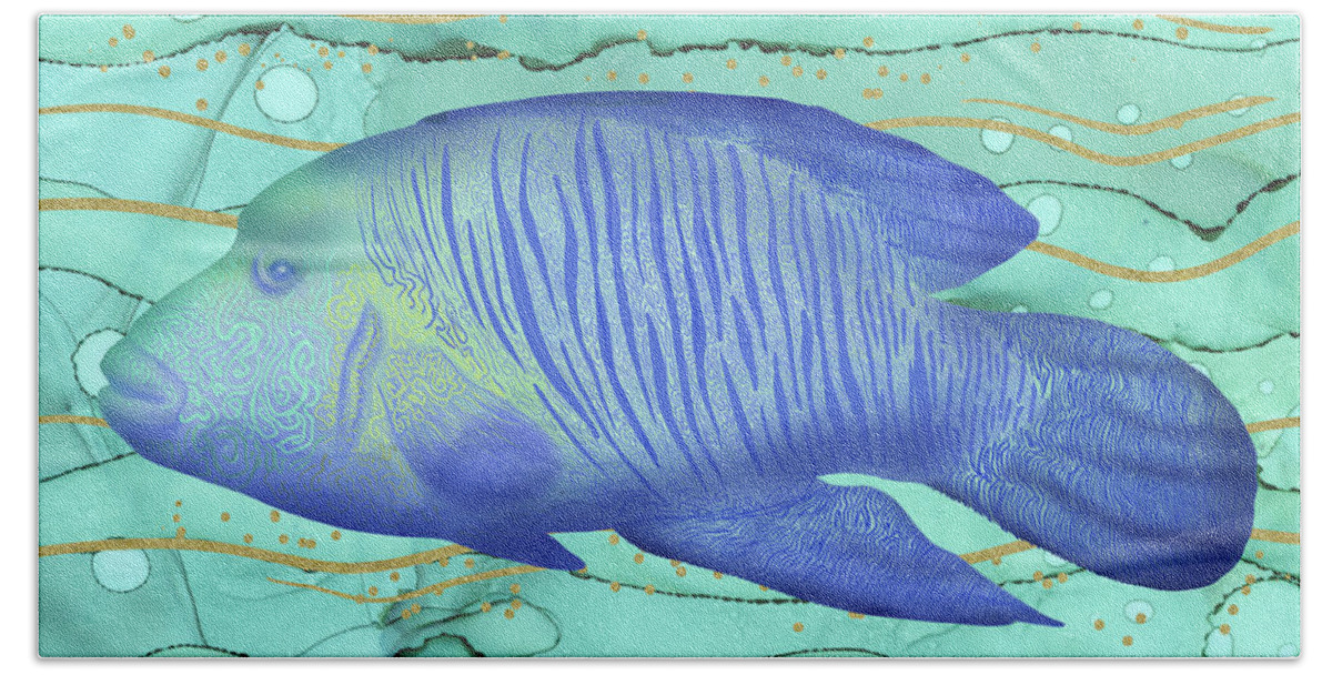 Wrasse Fish Beach Towel featuring the digital art Humphead Wrasse Colorful Fish Swimming in the Emerald Ocean by Andreea Dumez