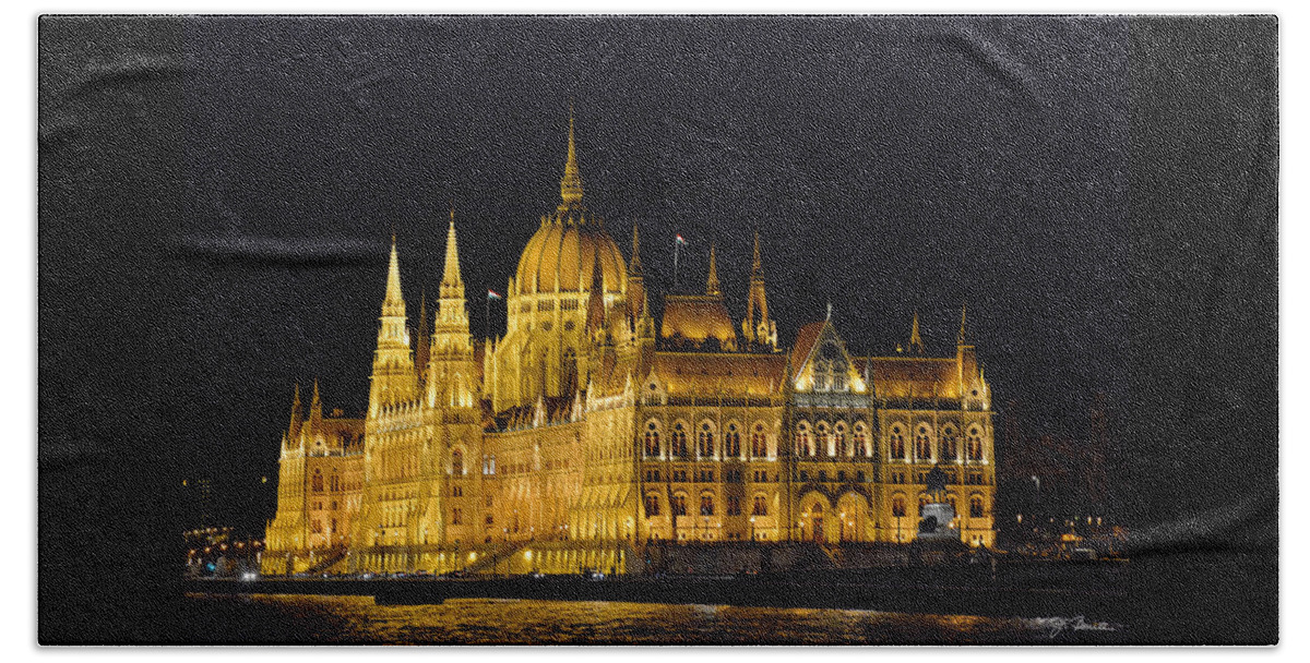 Hungary Beach Towel featuring the photograph Hungarian Parliament Building on the Danube at Night by Joe Bonita