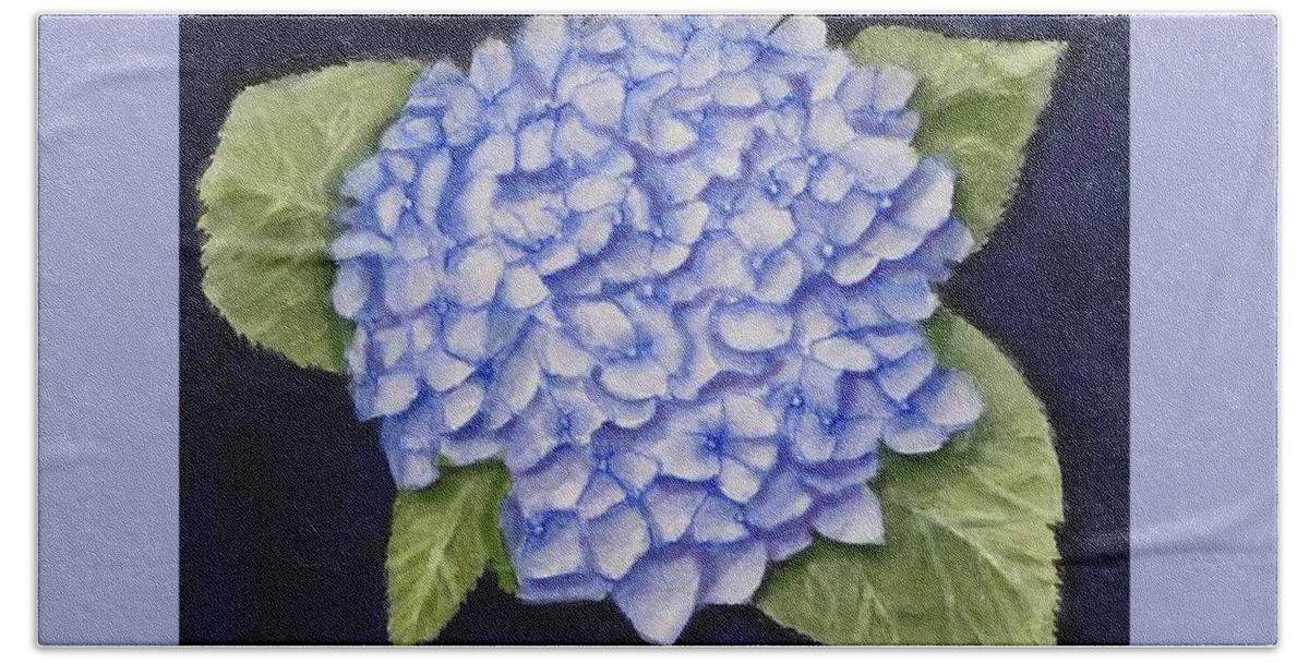 Hydrangea Beach Towel featuring the painting Hydrangea Flower with Blue Background by Kelly Mills