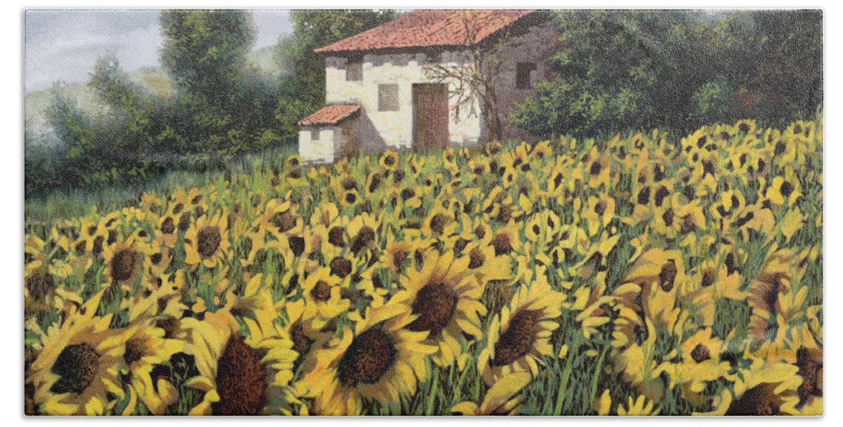 Tuscany Beach Towel featuring the painting I Girasoli Nel Campo by Guido Borelli