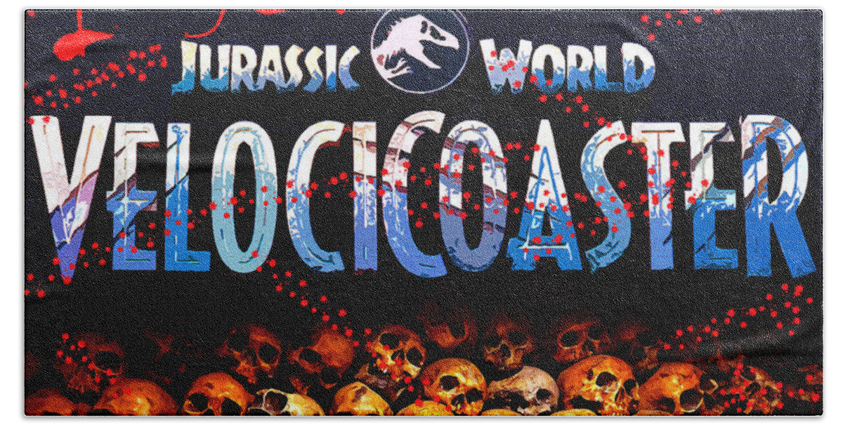  Universals Islands Of Adventure Beach Towel featuring the mixed media I survived the Velocicoaster by David Lee Thompson