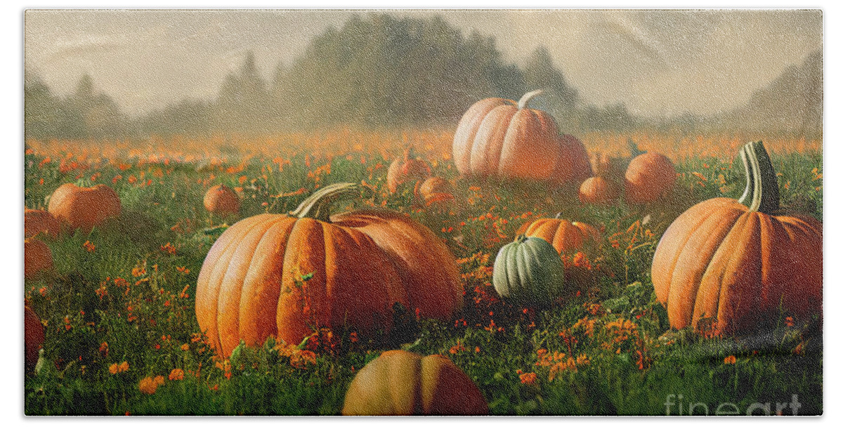 Pumpkin Beach Towel featuring the photograph Idyllic autumn scene with field of pumpkins in grass on sunny sk by Jelena Jovanovic