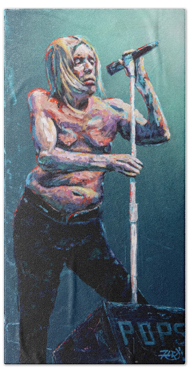 Acrylic Beach Towel featuring the painting IGGY POPS Grandfather of punk by Robert FERD Frank