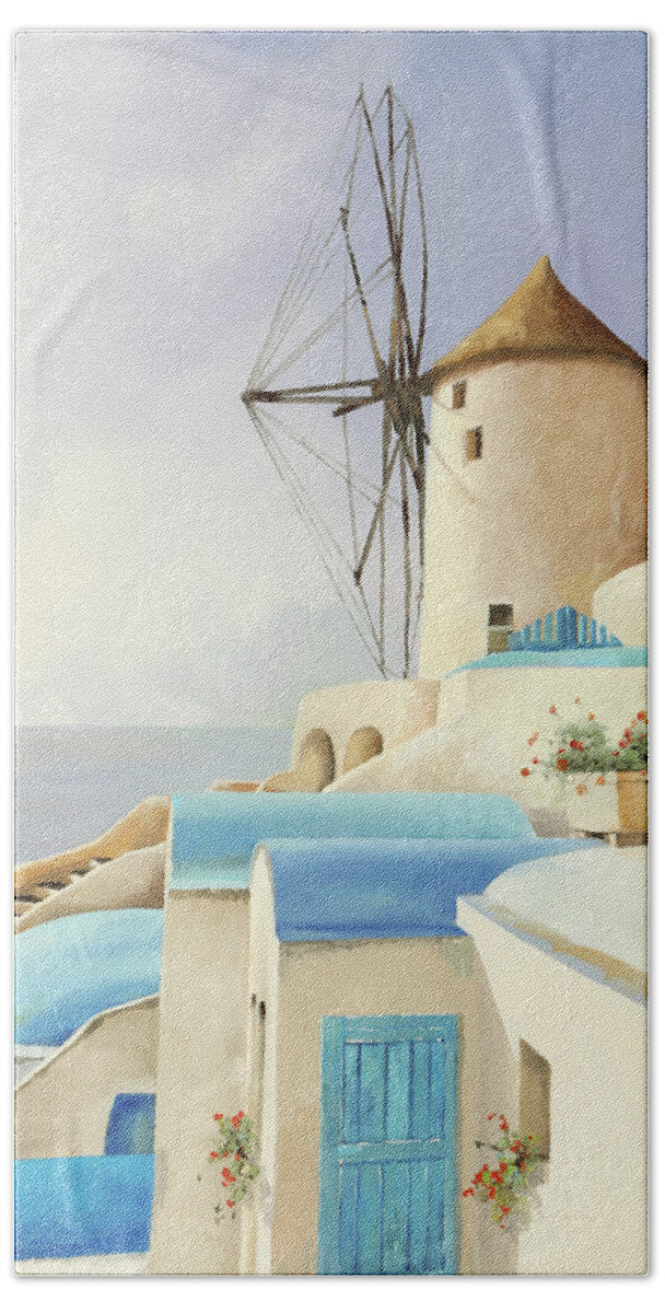 Windmill Beach Towel featuring the painting Il Mulino Oltre La Finestra by Guido Borelli