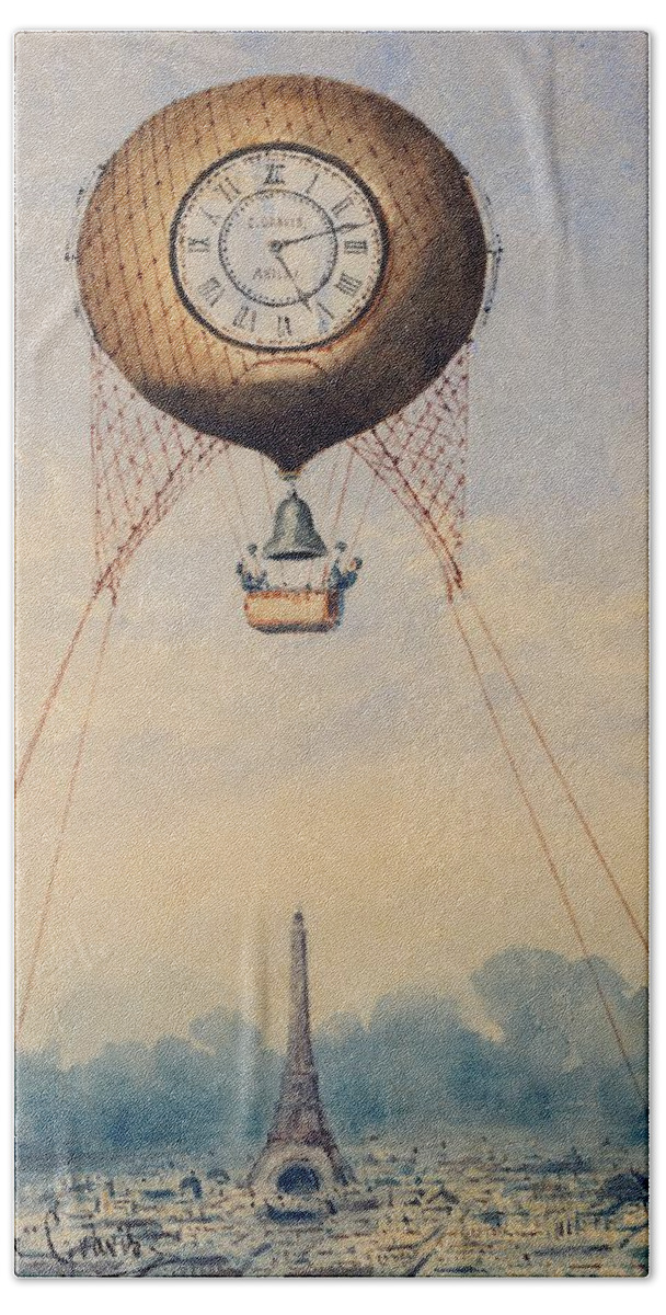 Aeronautic Beach Towel featuring the painting Illustration of captive balloon with clock face and bell hovering above Paris France with Eiffel Tow by Les Classics