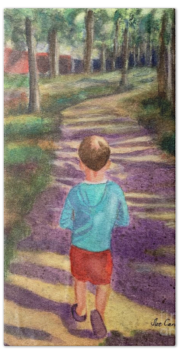 Boy Beach Towel featuring the painting I'm On My Way by Sue Carmony