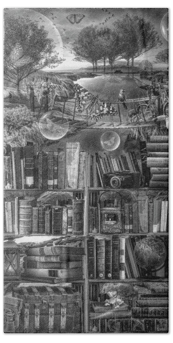 Birds Beach Towel featuring the digital art Imagination through Reading Books in Black and White by Debra and Dave Vanderlaan