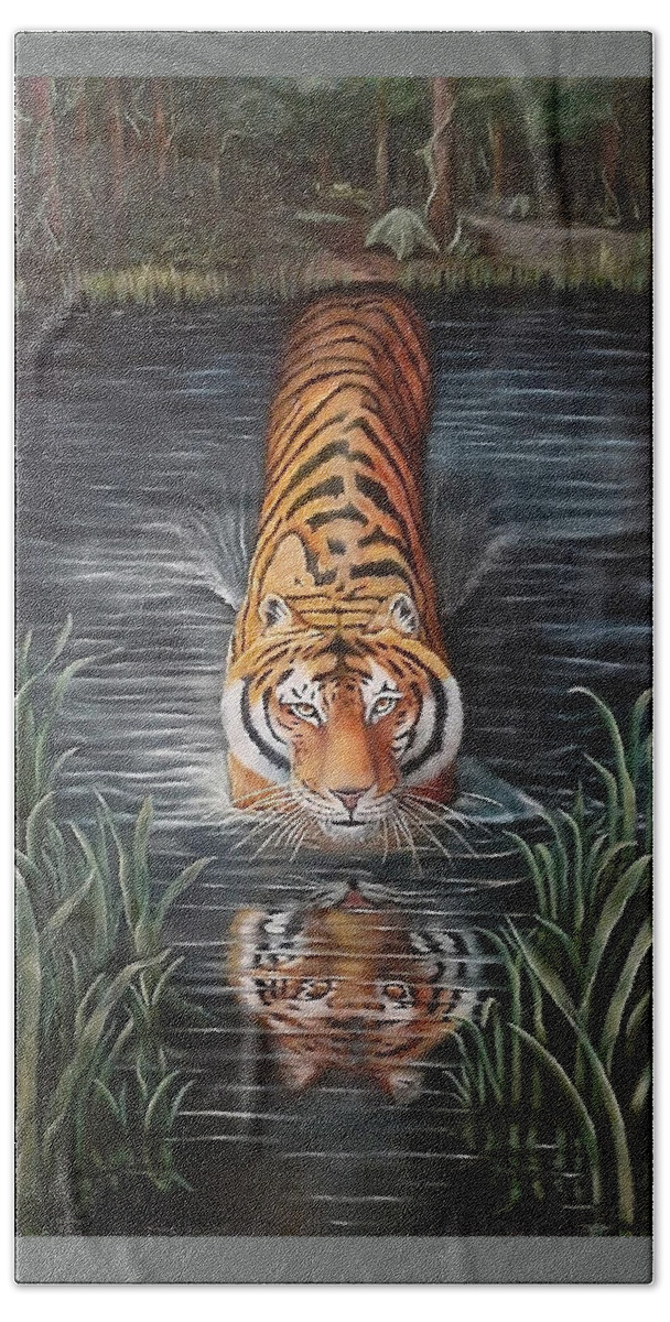 Tiger In Water Beach Towel featuring the painting In My Way by Ruben Archuleta - Art Gallery