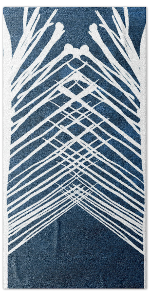 Leaves Beach Towel featuring the painting Indigo and White Leaves- Abstract Art by Linda Woods