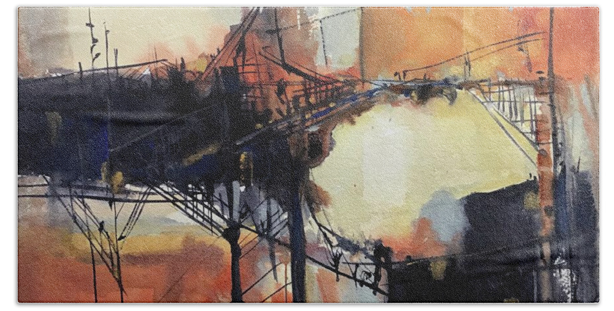 Watercolor Beach Towel featuring the painting Industrial Sunset by Judith Levins