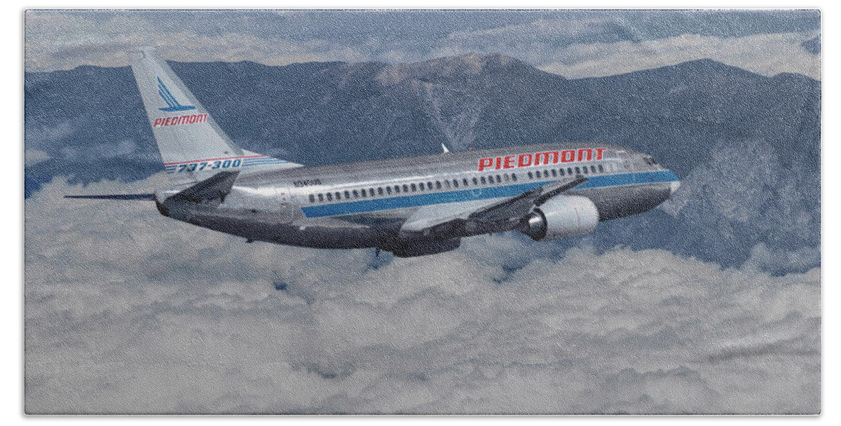 Piedmont Airlines Beach Towel featuring the mixed media Inflight View of a Piedmont Airlines Boeing 737 by Erik Simonsen